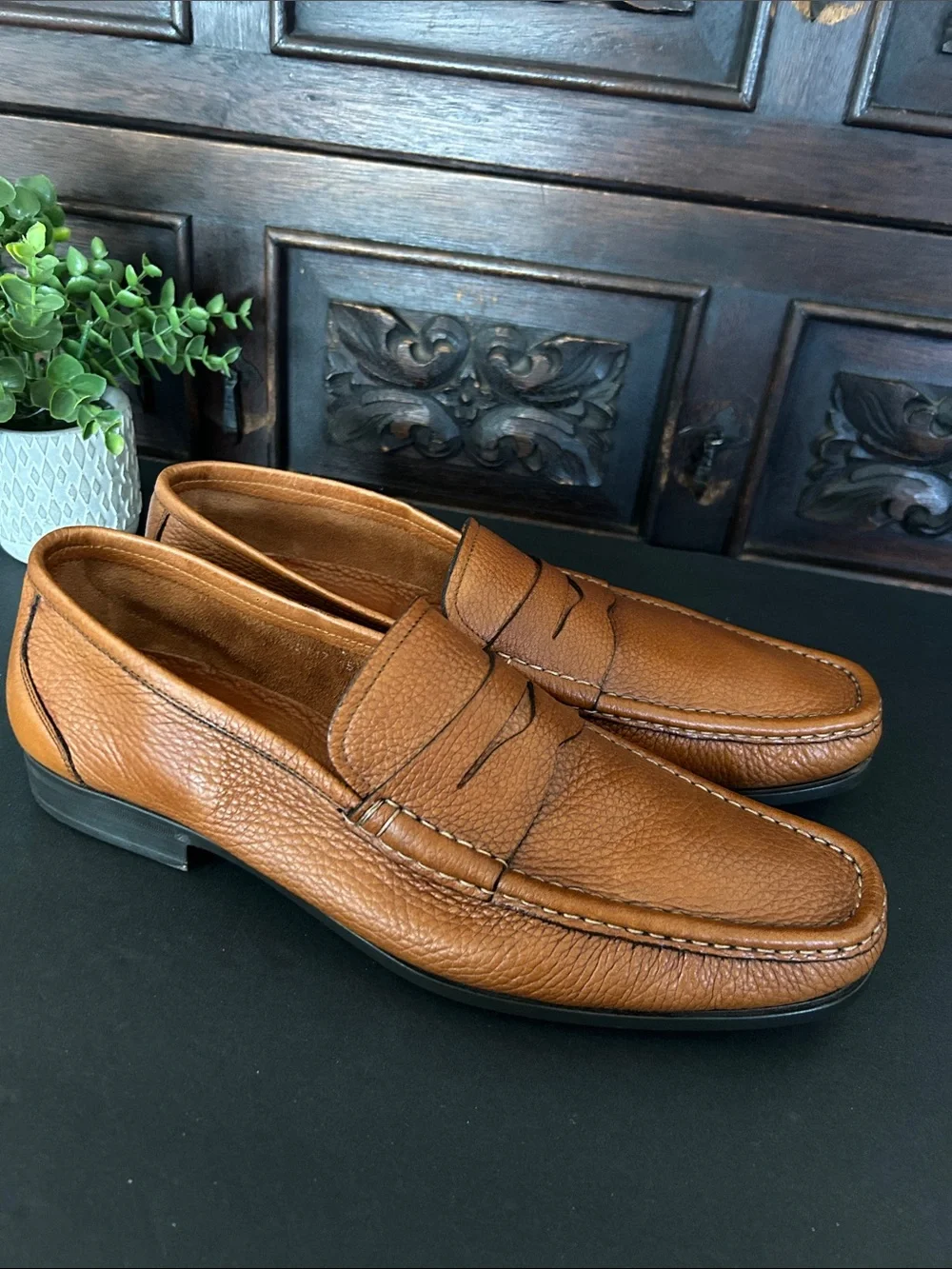 Santoni Men's Cognac Pebbled Leather Penny Loafers